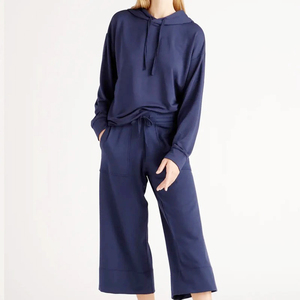 Conjunto Deportivo Azul Marino con Capucha para Mujer, Manga Larga, Corte Holgado, Color Sólido, Cintura con Cordón, Pantalones Anchos, Ropa Casual de Otoño - Product Image 3