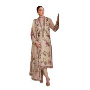 Salwar Kameez Tradicional de Seda con Estampado Floral Beige para Mujer, Corte Holgado hasta la Rodilla, Ropa Étnica de India y Pakistán para Fiestas de Verano - Product Image 1