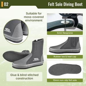 Botas de Buceo Antideslizantes Aropec de 5 mm con Suela de Neopreno y Fieltro, Color Negro, YKK # Protección de Goma Reforzada con 8 Cierres para Entornos con Musgo - Product Image 3