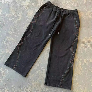 กางเกงขายดี ทรงโค้งลายทาง ผ้าคอตตอนหนา 100% กางเกงผู้ชาย ยูนิเซ็กส์ ทรงโอเวอร์ไซส์ ประดับเพชร กางเกงขายาวทรงตรง สไตล์สปอร์ต สำหรับผู้ชาย - Product Image 5