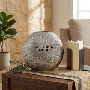Premium Metallic Silver Circular <b>Vase</b> Radial Ribbed Textured Decorative Urn Luxury Tabletop Accent for Modern Interior Decor - Product Image 1