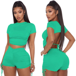 Custom Logo Women's Summer Eco-Friendly Nylon 2-Piece Casual Sport <b>Set</b> with Skinny Fit Short Sleeve Top & Above Knee Shorts - Product Image 2