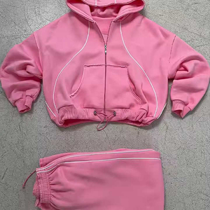 ชุดวอร์มสีชมพูสำหรับผู้หญิง มีฮู้ด ติดกระดุม แขนยาว ทรงปกติ เสื้อสเวตเชิ้ตลำลอง กางเกงขายาว สีพื้น ระบายอากาศได้ดี ป้องกันการเกิดขุย - Product Image 5