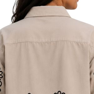 Beige Women Cropped Button Shirt Black Floral Embroidery Short Sleeve Casual Summer Blouse Cotton Fashion Designer <b>Top</b> Custom - Product Image 6
