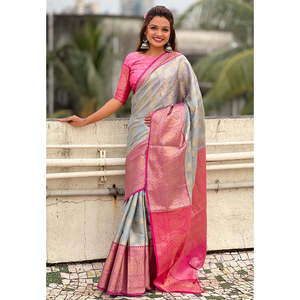 Sari Kanjivaram en soie douce Elite Weaves Leheriya, tissé traditionnellement avec des broderies Zari, gris, réversible, protection solaire, toutes saisons, indien - Product Image 4