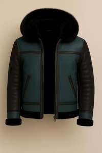 Custom Men’s Two-Tone <b>Shearling</b> <b>Bomber</b> <b>Jacket</b> Genuine Sheepskin Leather Coat Winter Warm Hooded Aviator <b>Jacket</b> with Fur Trim - Product Image 3