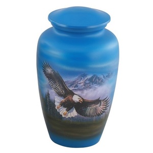 Urnas de cremación de aluminio para adultos con adhesivo de pájaro en vuelo azul, urna funeraria de metal acabado para cenizas humanas, urnas conmemorativas de cremación. - Product Image 1