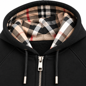 Sweat-shirt à capuche zippé noir pour homme avec doublure à carreaux, coupe classique, en molleton décontracté, idéal pour l'automne - Product Image 5