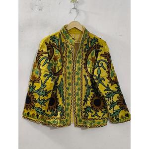 Chaqueta Amarilla de Primavera para Mujer, Hecha a Mano, Bordada con Flores, Cuello Mandarín, Manga Larga, Largo Regular - Product Image 1
