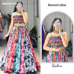 Lehenga acampanado Kali de diseño elegante con georgette sintético y estampado Shibori multicolor, Choli con trabajo Kali Katchhi, suministro al por mayor - Product Image 6