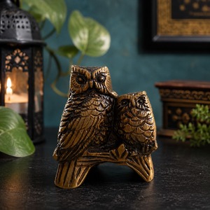 Figurine de couple de hiboux dorés SHUBHAM en laiton, statue Feng Shui moderne faite à la main pour la décoration de salon et de la maison - Product Image 1