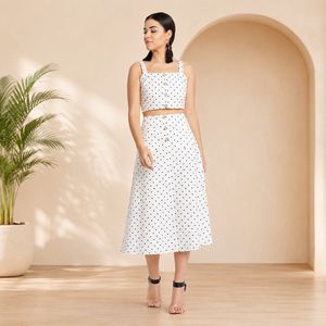Custom Women's <b>White</b> Polka Dot Sleeveless Crop Top Midi Skirt <b>Set</b> Summer Casual Two <b>Piece</b> Outfit OEM ODM Wholesale Manufacturer - Product Image 1