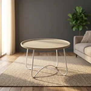 Mesa de Centro Redonda Moderna de Concreto con Base de Metal Blanca, Mueble Minimalista para Sala de Estar, Diseño Duradero - Product Image 5