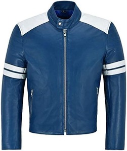 Blue And <b>White</b> Striped Genuine Leather Biker <b>Jacket</b> Men Motorcycle <b>Jacket</b> - Product Image 1