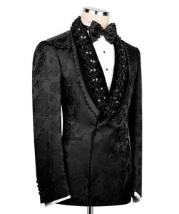 Men’s Black Floral Jacquard Tuxedo Suit – Luxury Embellished Designer <b>Blazer</b> for Wedding, Prom & Evening Party Wear - Product Image 2