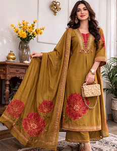 Ensemble Kurta en coton brodé couleur moutarde pour femme avec pantalon, coupe régulière, longueur genou, tenue de fête traditionnelle style Inde Pakistan - Product Image 2
