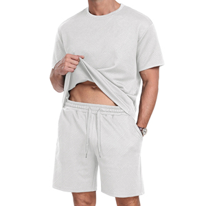 Premium Men's Light Gray Summer Set <b>Geometric</b> Pattern Crew Neck Knitted Summer Wear Breathable Short Sleeve <b>Shirt</b> OEM - Product Image 4