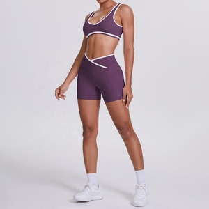 Purple Two-Piece Yoga Set Racerback <b>Crop</b> <b>Top</b> High Waist Shorts Seamless Contrast Binding Four-Way Stretch - Product Image 5