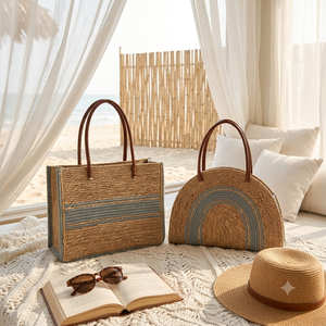 AZURE ARCH Handwoven <b>Straw</b> & Cotton Tote & Crossbody <b>Bag</b> Collection with Zipper Closure and Tassel Detail - Product Image 6