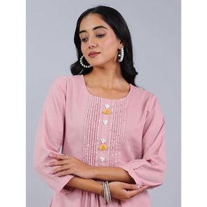 <b>Linen</b> Cotton Pink A-line Solid Summer Woven Knee-Length Festival Wear Kurta Set with Dupatta for Women - Product Image 3