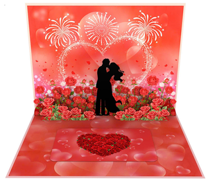 Tarjeta 3D Pop-Up para el Día de San Valentín, Forma de Corazón, Rosas Rojas, Silueta de Pareja, Impresión Digital, Laminado Brillante - Product Image 1