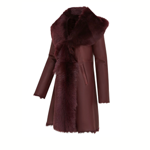 Burgundy Color Women's Toscana Sheepskin <b>Hooded</b> Trench <b>Jacket</b> Lightweight Polyester Lined Luxury Winter Leather Wear - Product Image 4