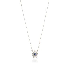 Latest New Design <b>Small</b> Blue Sapphire & Diamond Sacred Heart Sunburst Pendant <b>Necklace</b> 14K Pure White Gold Women Jewelry - Product Image 1
