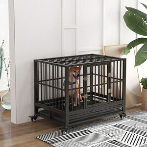 Gabbia per Cani Robusta in Metallo da 36 Pollici con Ruote Bloccabili, Doppia Porta, Vassoio Rimovibile, Stile Moderno Grigio - Per Razze Medie e Grandi - Product Image 2