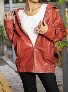 Veste de moto en cuir véritable rouge pour femme, manches longues, fermeture éclair, col rabattu, style automne - Product Image 2
