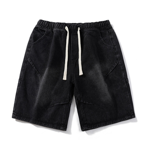 Shorts en jean pour homme, 100 % polyester, avec cordon de serrage, couleur unie, taille mi-haute, tricoté, coupe ample, délavé, coupe droite, style décontracté et tendance - Product Image 6