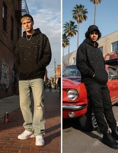 Sudadera con Capucha Negra de Calidad Premium para Hombre, con Pedrería de Telaraña, Estilo Gótico Oversize, Ajuste Regular, Tejido de Punto, para Otoño, OEM - Product Image 4