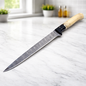 Cuchillo de filetear hecho a mano de acero de Damasco con mango de hueso y funda de cuero, hoja de 8-9.9 pulgadas, ambidiestro, apto para lavavajillas - Product Image 4