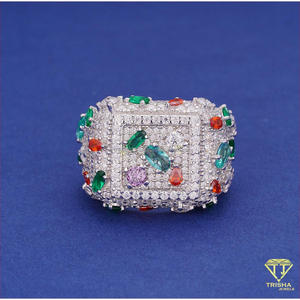 Anillo de Plata de Ley 925 con Diamante Cultivado en Laboratorio, Banda Ancha, Detalles de Piedras Multicolores, Joyería de Lujo para Compradores Mayoristas - Product Image 3