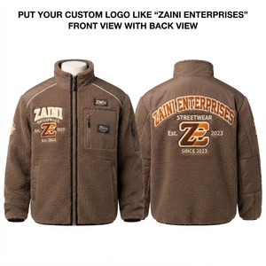 Veste longue en polaire premium 350 GSM, marron, en sherpa pelucheux, fermeture éclair intégrale, empiècements contrastants, logo brodé personnalisé, imperméable - Product Image 1