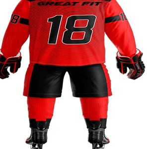 Ensemble uniforme de hockey pour homme, coupe ajustée, rouge et noir, impression par transfert thermique, respirant, 100 % polyester, sans couture, détection par aiguille de fusion - Product Image 4