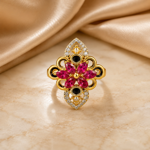 Atractivo Anillo Floral de Oro de 14k con Pétalos de Gemas Rosas y Trabajo de Esmalte Negro, Joyería para Mujer para Fiestas - Product Image 1