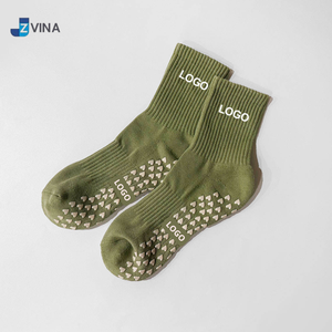 Wholesale <b>Custom</b> Cotton Sage Green Olive Color <b>Grip</b> Breathable Crew <b>Socks</b> Private Label Non-Slip Sports <b>Socks</b> for Pilates Yoga - Product Image 1