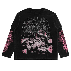 Wholesale 100% Cotton T-shirt Custom Graphic Printing Vintage Ripped Double <b>Layer</b> Long Waffle Sleeve ACID Wash Style <b>Top</b> Bulk - Product Image 1