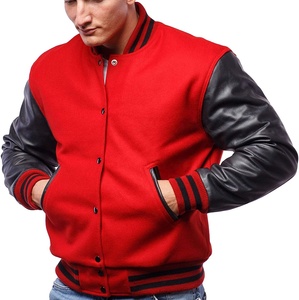Veste universitaire rouge pour homme avec manches en cuir noir, col montant, vêtement décontracté pour l'automne - Product Image 1