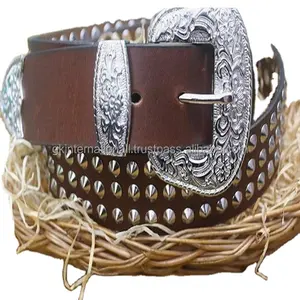 HIGH QUALITY LEATHER WESTERN BELT WITH HEAVY COWBOY BUCKLE BELT STUDDED WITH THREE ROW OF POINTED SPIKE METALS