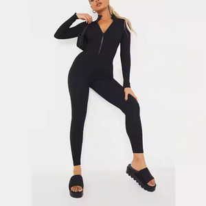 Combinaison moulante noire à manches longues et col en V avec fermeture éclair, taille haute, couleur unie, effet ventre plat, pour femme, style streetwear - Product Image 1
