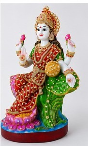 Statue de la déesse Laxmi en marbre blanc fait main, sculpture en pierre polie, figurine colorée assise pour la décoration de la maison - Product Image 3