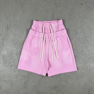 New Arrivals Summer Unisex Jogger Shorts 100% Cotton Distressed Sun Faded Double Waist <b>Layer</b> Plain Blank Sweat Shorts - Product Image 1