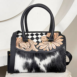 New Super September Floral Tooled Black & White Checker <b>Leather</b> Medium Speedy Duffel <b>Bags</b> Cowhide <b>Leather</b> Women Travel Handbags - Product Image 2
