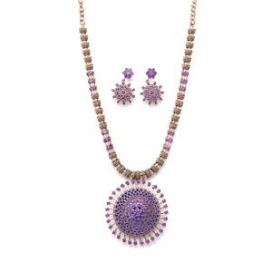 Purple CZ Sunburst Pendant Necklace <b>Set</b> with Matching Earrings – Rose <b>Gold</b> Tone Beaded Chain <b>Jewellery</b> Women Party Occasion - Product Image 1