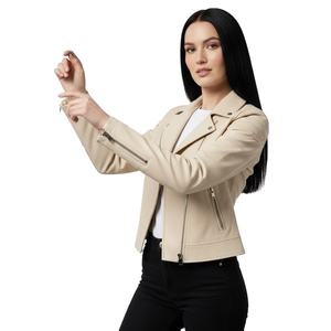 Hot Selling Cream Leather Motorbike <b>Jacket</b> <b>Women</b> Custom Logo Service Bulk Wholesale Factory Genuine Leather Style Ladies Coat - Product Image 1