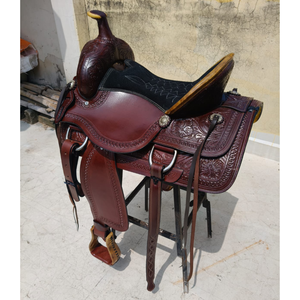 Selle de cheval western en cuir artisanale, classique, avec motifs gravés, pour le cowboy, le ranch et l'équitation sur sentier, avec arceau en fibre de verre et quincaillerie SUS304 - Product Image 3