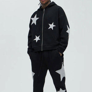 Ensemble de survêtement unisexe noir à capuche coupe-vent 2-en-1 avec appliqué étoile, streetwear en coton, sweat-shirt et pantalon de jogging, coupe ample pour l'automne - Product Image 1