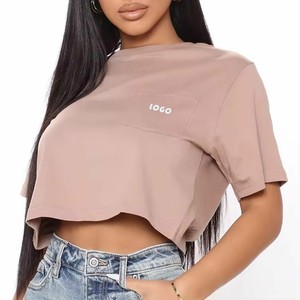 Camiseta Corta de Algodón 100% para Mujer, Cuello Redondo, Color Verde Oliva, Manga Corta, Color Sólido, con Bolsillo, Corte Holgado, Informal, Primavera Verano, Jersey OEM - Product Image 2