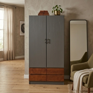 Two Tone Grey Wooden Wardrobe Armoire Solid Teak <b>Storage</b> <b>Cabinet</b> Base Drawers Modern Scandinavian <b>Bedroom</b> Closet Door Organizer - Product Image 3